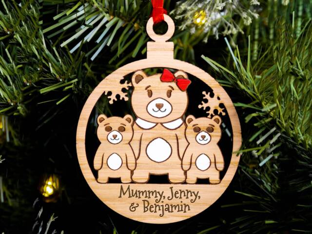 Cute Bear Single Parent Family Christmas Tree Decoration, Personalised Engraved Xmas Bauble, Secret Santa, Mum 2 Children Son Daughter Mummy - image 1