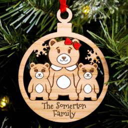 Cute Bear Single Parent Family Christmas Tree Decoration, Personalised Engraved Xmas Bauble, Secret Santa, Mum 2 Children Son Daughter Mummy - thumbnail 3