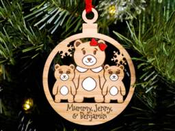 Cute Bear Single Parent Family Christmas Tree Decoration, Personalised Engraved Xmas Bauble, Secret Santa, Mum 2 Children Son Daughter Mummy - thumbnail 1