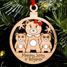 Cute Bear Single Parent Family Christmas Tree Decoration, Personalised Engraved Xmas Bauble, Secret Santa, Mum 2 Children Son Daughter Mummy - thumbnail 2