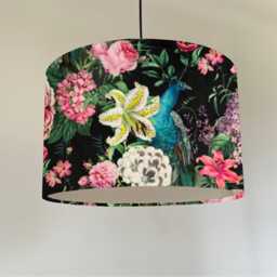 Peacock Floral Velvet Circular Drum Lampshade/Ceiling Shade, in Black, With A White Lining