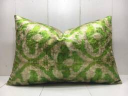 Velvet Ikat Pillow Cover, Handwoven Silk, Green Accent - 16x24 - thumbnail 1