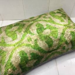 Velvet Ikat Pillow Cover, Handwoven Silk, Green Accent - 16x24 - thumbnail 4