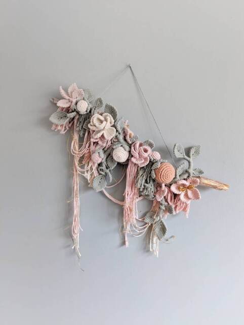 Macrame Sculptural Floral Bohemian Wall Hanging Tapestry, 3D Boho Wedding Decor, Pastel Pink, Green, Gold Flowers & Leaves Art - image 1