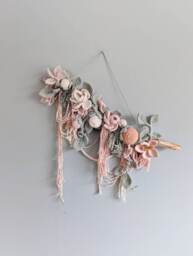 Macrame Sculptural Floral Bohemian Wall Hanging Tapestry, 3D Boho Wedding Decor, Pastel Pink, Green, Gold Flowers & Leaves Art - thumbnail 1