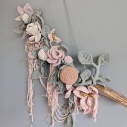 Macrame Sculptural Floral Bohemian Wall Hanging Tapestry, 3D Boho Wedding Decor, Pastel Pink, Green, Gold Flowers & Leaves Art - thumbnail 2