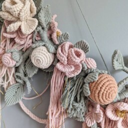 Macrame Sculptural Floral Bohemian Wall Hanging Tapestry, 3D Boho Wedding Decor, Pastel Pink, Green, Gold Flowers & Leaves Art - thumbnail 3