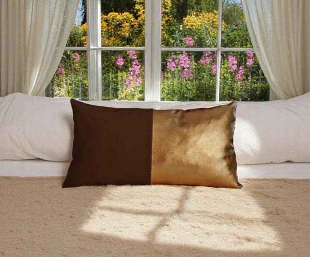 Dark Brown & Gold Faux Leather Lumbar Pillow Cover - image 1