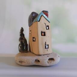Ceramic Handmade Home Decor Of A Clay House & Tree On Natural Beach Stone, Housewarming Gift - thumbnail 4