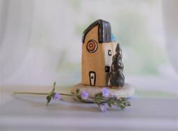 Ceramic Handmade Home Decor Of A Clay House & Tree On Natural Beach Stone, Housewarming Gift