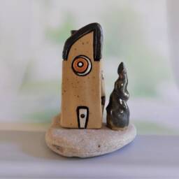 Ceramic Handmade Home Decor Of A Clay House & Tree On Natural Beach Stone, Housewarming Gift - thumbnail 3