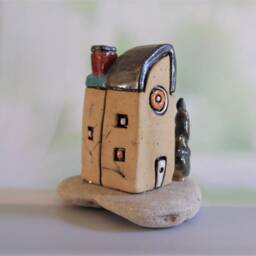 Ceramic Handmade Home Decor Of A Clay House & Tree On Natural Beach Stone, Housewarming Gift - thumbnail 2