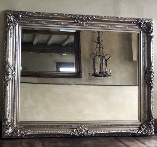 High Quality Statement Antique Silver Large Swept Gilt Ornate French Overmantle Fireplace Mantle Leaner Wall Beveled Mirror 4 Ft X 3 - image 1