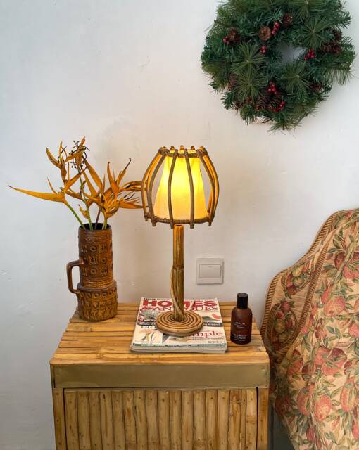Mid-Century Modern Rattan Table Lamp, Palo Pencil Reed Shade - image 1