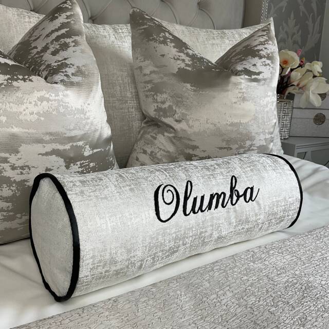 "Luxury Personalised Name Cushion, Embroidered Bolster Cushion 16""x6" - image 1
