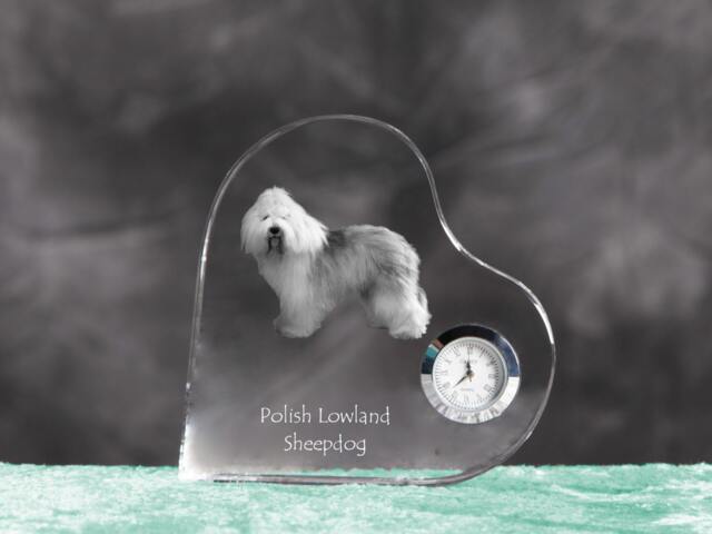 Polish Lowland Sheepdog - Crystal Clock in The Shape Of A Heart With Image Pure-Bred Dog - image 1