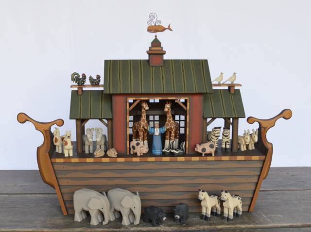 Handmade Wooden Noah's Ark, Hand Carved Wooden Animals - image 1