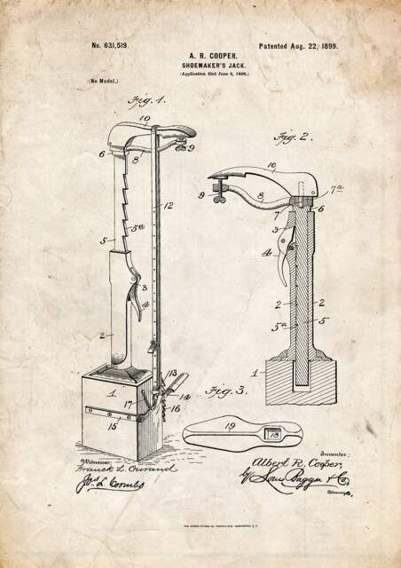 Shoemaker's Jack Patent Art Print 1899 A4/A5 Historic Fashion Shoemaking Tech Wall - image 1