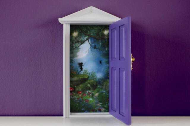 Purple Wooden Miniature Tooth Fairy Door, Fully Opening With A Magical Forest Scene Image Attached - image 1