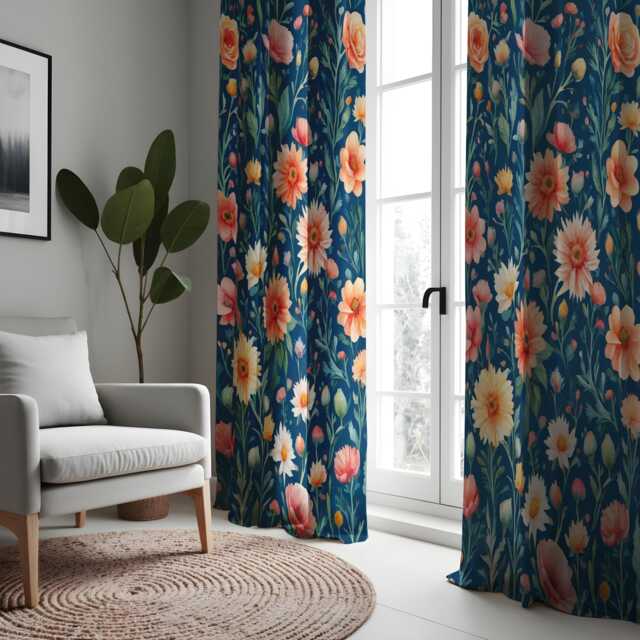 Colorful Poppies & Daisies Curtains, Floral Vibrant Drapes, Botanical Window Treatment, Custom Length Living Room Curtain Panels - image 1