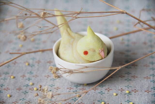 Miniature Cockatiel Figurine Sleep in Teacup. Handmade Resin Art Cup. Cockatiel Sculpture Statue Totem Figure - image 1