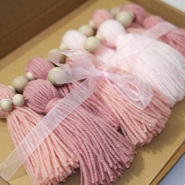 Tassel Garland - Custom Nursery Decor Bunting Wall Hanging Boho Yarn Pink Shelf - image 1