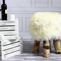 Luxury Beautiful Real Shaggy White Sheepskin Stool, Chair, Pouf, Scandinavian Design - thumbnail 2