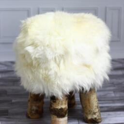 Luxury Beautiful Real Shaggy White Sheepskin Stool, Chair, Pouf, Scandinavian Design - thumbnail 3