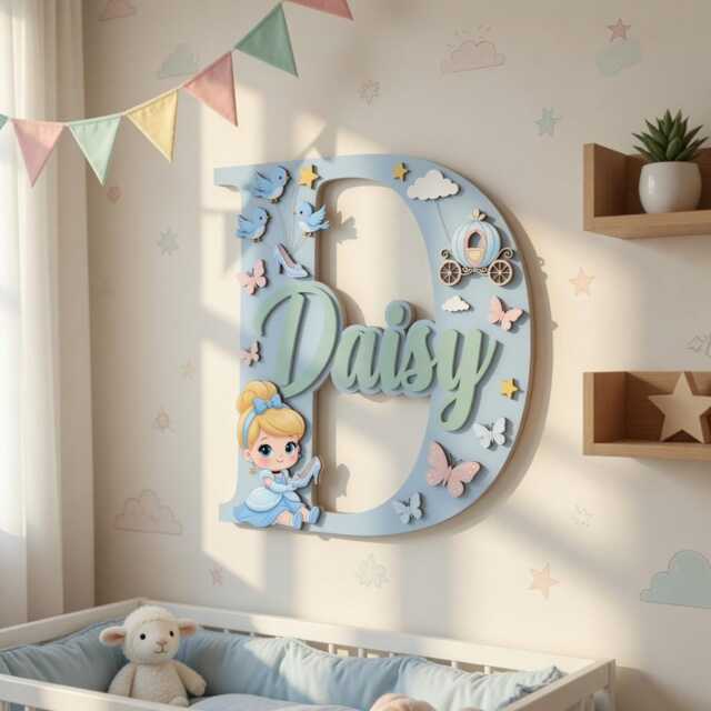 Personalized Cinderella Name Sign With Initial, Layered Wooden Nursery Wall Decor, Custom Baby Plaque, Princess Letter - image 1