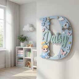 Personalized Cinderella Name Sign With Initial, Layered Wooden Nursery Wall Decor, Custom Baby Plaque, Princess Letter - thumbnail 4