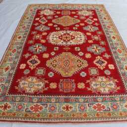 5'0x7'3 Ft Kazak Hand Knotted Red Afghan Area Rug - Luxury Rug Medallion Turkish Geometric For Livingroom - thumbnail 2