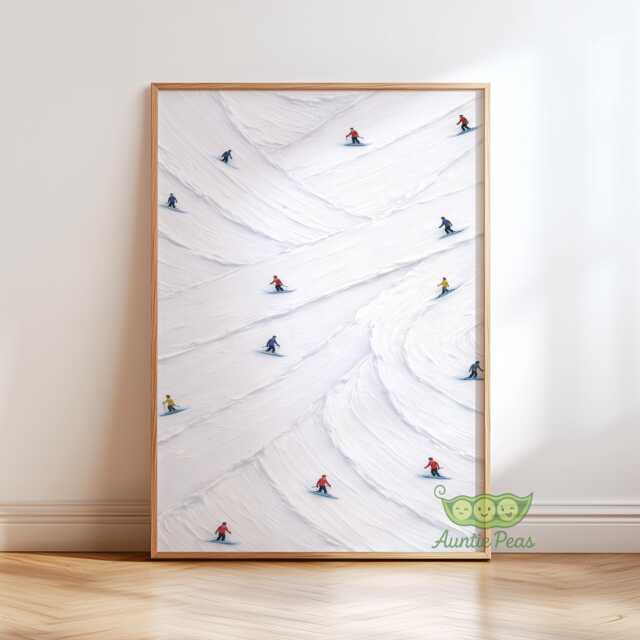 Abstract Skiers Wall Art, Minimal Snow Slope Painting, Tiny Ski & Snowboard Print, White Winter Landscape Decor, Modern Alpine Artwork - image 1