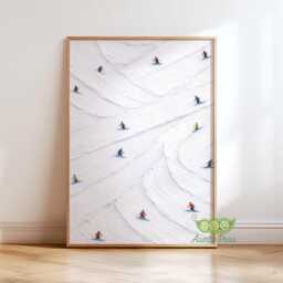 Abstract Skiers Wall Art, Minimal Snow Slope Painting, Tiny Ski & Snowboard Print, White Winter Landscape Decor, Modern Alpine Artwork - thumbnail 1