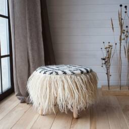 Pouf Ottoman, With Wooden Legs, White Pouf A Black Pattern, 100% Sheeps Wool Textile, Ottoman Round, Coffee Table - thumbnail 3