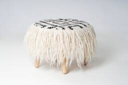 Pouf Ottoman, With Wooden Legs, White Pouf A Black Pattern, 100% Sheeps Wool Textile, Ottoman Round, Coffee Table