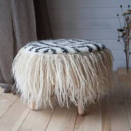 Pouf Ottoman, With Wooden Legs, White Pouf A Black Pattern, 100% Sheeps Wool Textile, Ottoman Round, Coffee Table - thumbnail 2