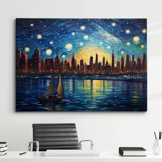 City Sunset Painting Van Gogh Wall Art, Framed Canvas Skyscraper Rainbow Colourful Poster Print, Home Kitchen Office Room Decor Gifts - image 1
