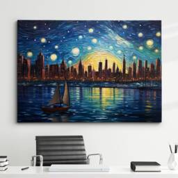 City Sunset Painting Van Gogh Wall Art, Framed Canvas Skyscraper Rainbow Colourful Poster Print, Home Kitchen Office Room Decor Gifts - thumbnail 1