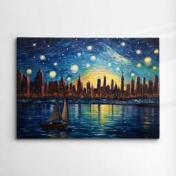 City Sunset Painting Van Gogh Wall Art, Framed Canvas Skyscraper Rainbow Colourful Poster Print, Home Kitchen Office Room Decor Gifts - thumbnail 3