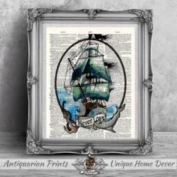 Nautical Print, Pirate Ship Print, Art Print On Antique Dictionary Book Page, Bathroom Decor, Wall Hangings, Shark Illustration - thumbnail 1