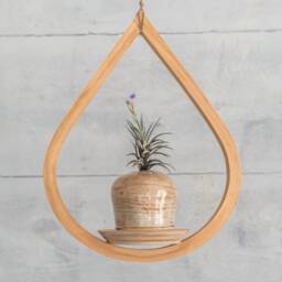 Small Wooden Plant Hanger, Tear Drop Indoor Planter With Saucer, Air Boho, Mid Century Modern - thumbnail 4