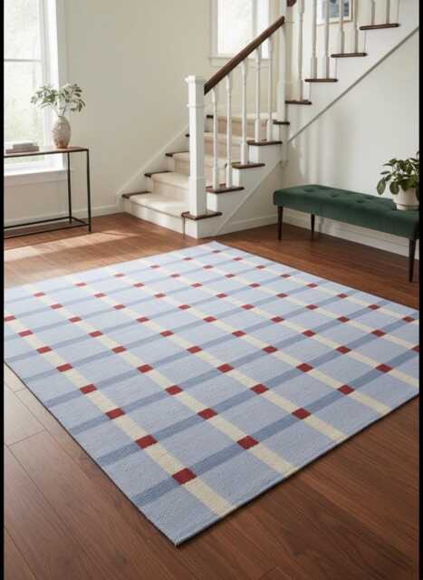 Swedish Marianne Ritcher Kilim Rug, Blue Red Geometric Wool Runner, Scandinavian Bedroom Decor - image 1