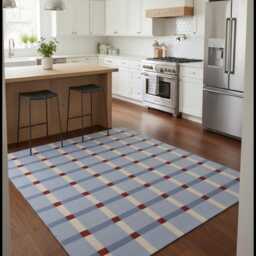 Swedish Marianne Ritcher Kilim Rug, Blue Red Geometric Wool Runner, Scandinavian Bedroom Decor - thumbnail 2