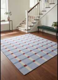 Swedish Marianne Ritcher Kilim Rug, Blue Red Geometric Wool Runner, Scandinavian Bedroom Decor - thumbnail 1
