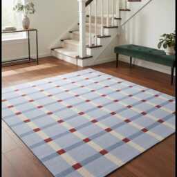 Swedish Marianne Ritcher Kilim Rug, Blue Red Geometric Wool Runner, Scandinavian Bedroom Decor - thumbnail 4