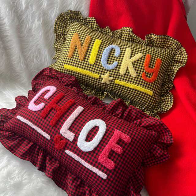 Custom Kids Name Plaid Punch Needle Pillow, Personalized Gift For Nursery, Baby Christmas Shower - image 1
