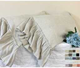 Linen Pillow Cases Set Of 2, Mermaid Long Ruffle, French Country Farmhouse Style, Shabby Chic Bedding, Multiple Colors - thumbnail 1