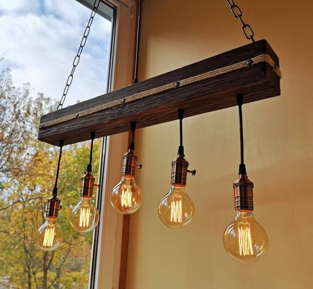 Rustic Wood Beam Chandelier Rose Gold Sockets, Edison Style No Us Customs Fees - image 1
