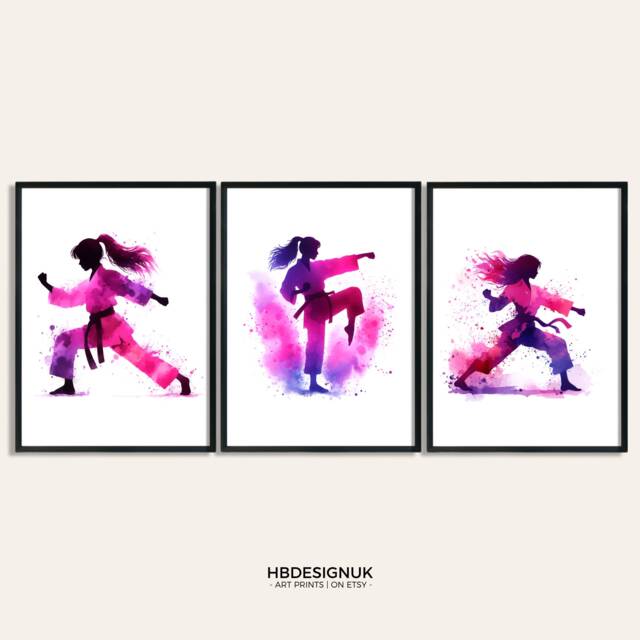 Karate Print Pink Poster - Set Of 3 Posters - Watercolour Art Prints Bedroom Decor Wall Pictures Kids Fight Sport Gifts - image 1