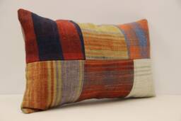 Turkish Kilim Pillow Cover, Handmade Wool Patchwork, 12x20 Lumbar - thumbnail 1